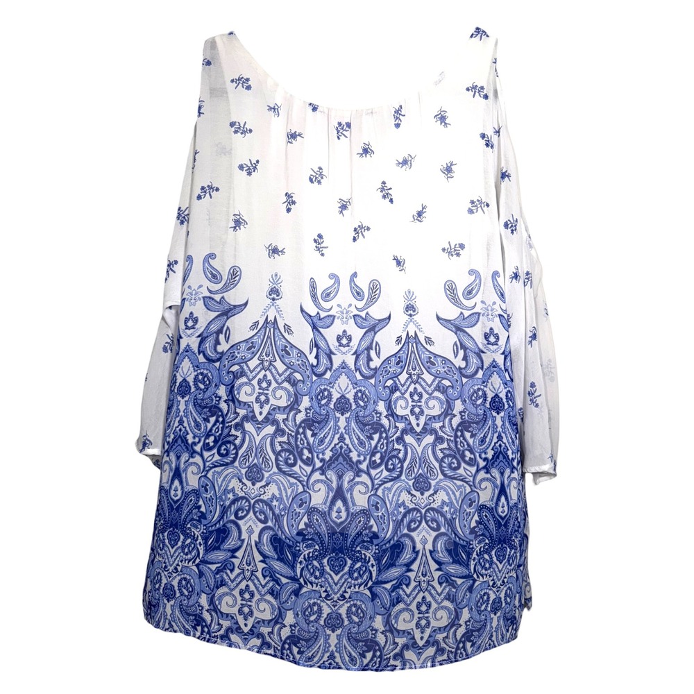 Peck & Peck Womens‎ XL Blue White Paisley Cold Shoulder Top Damask Print Blouse